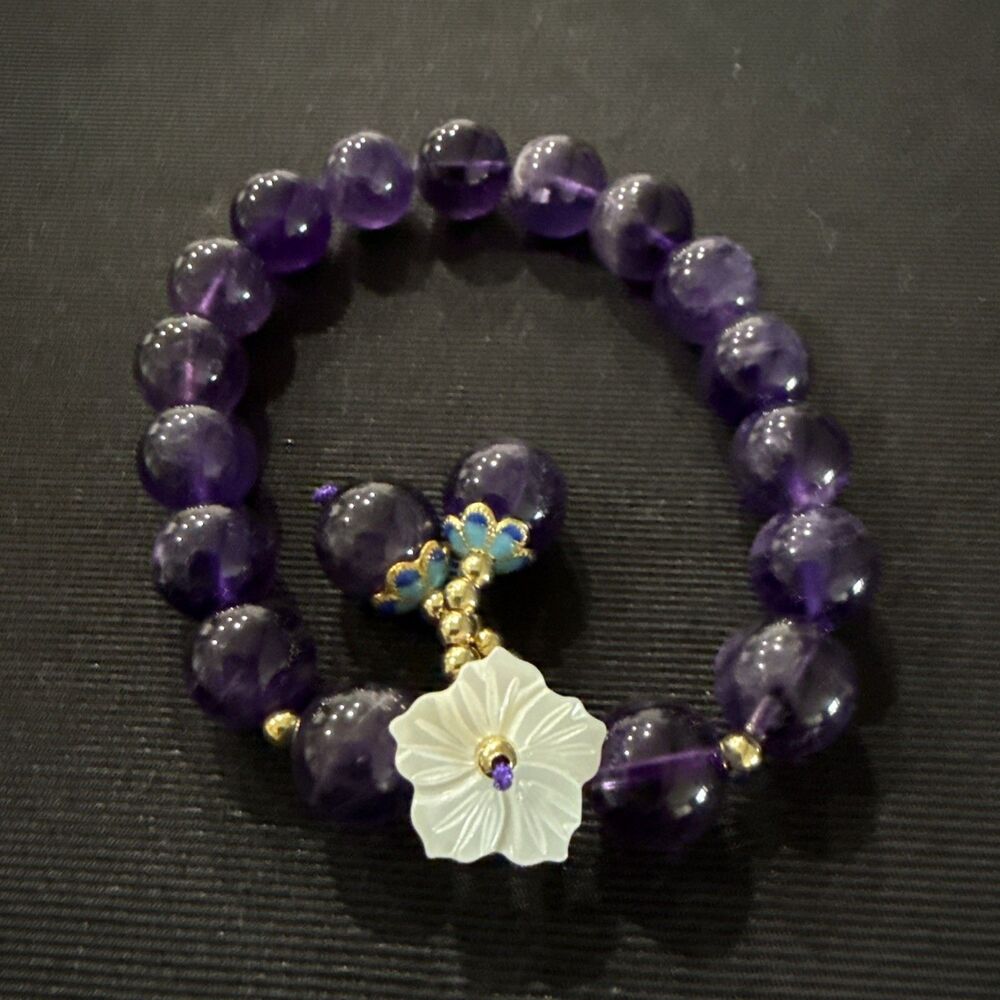 Buddha Stones Natural Amethyst Crystal Flower Charm Lucky Healing Bracelet